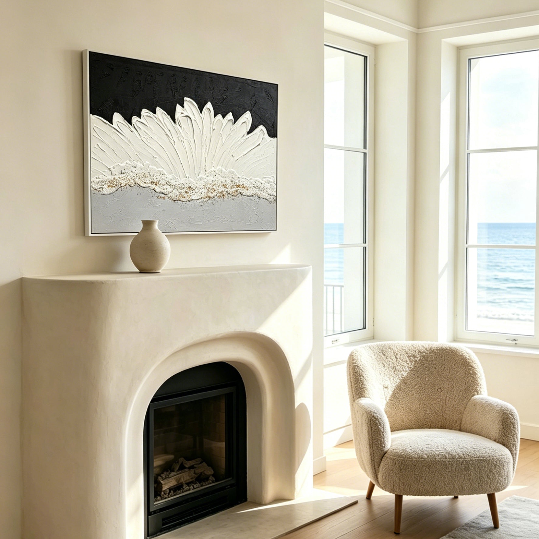 Graphite Impasto canvas in black white and grey, hung in a living room