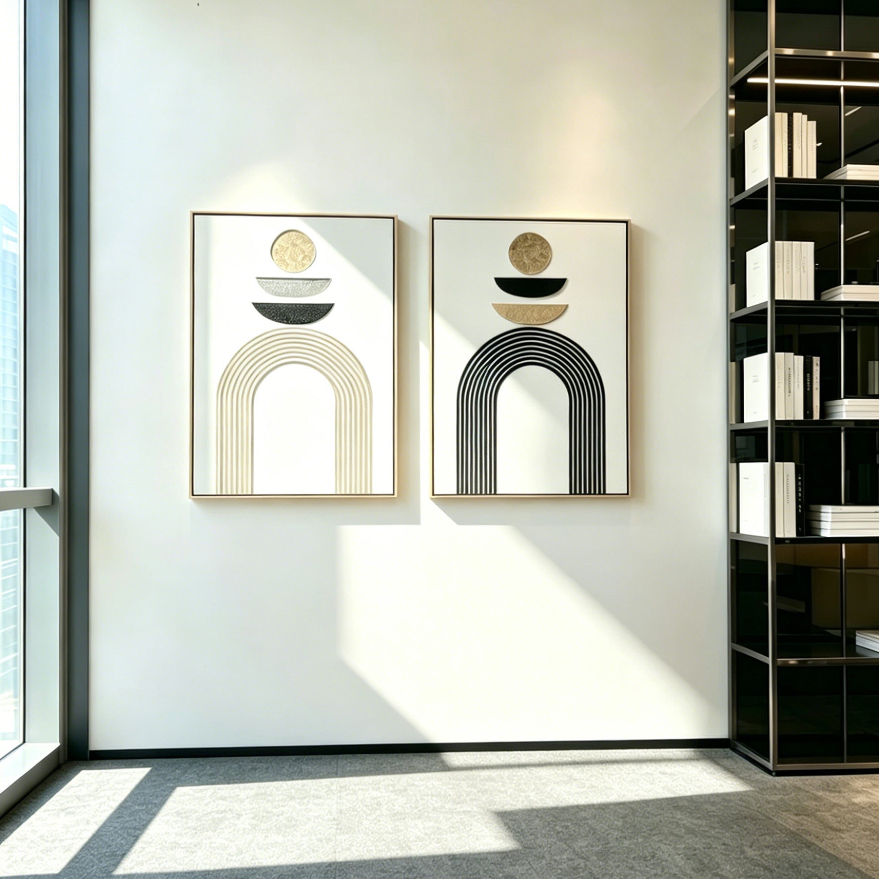 Arch Study pair in champagne-gold frames on a bright wall beside a window