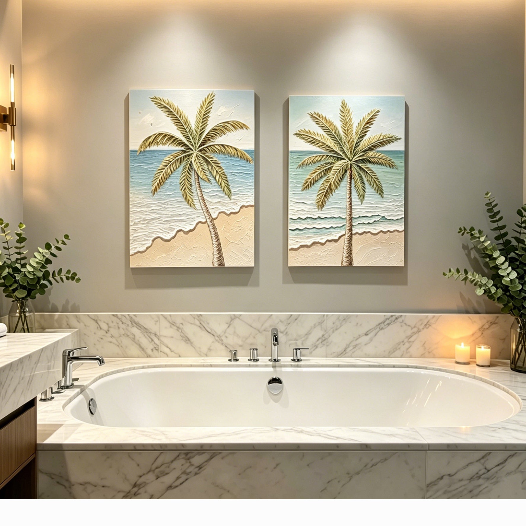 Two Palms pair above a marble bath in a warmly lit bathroom