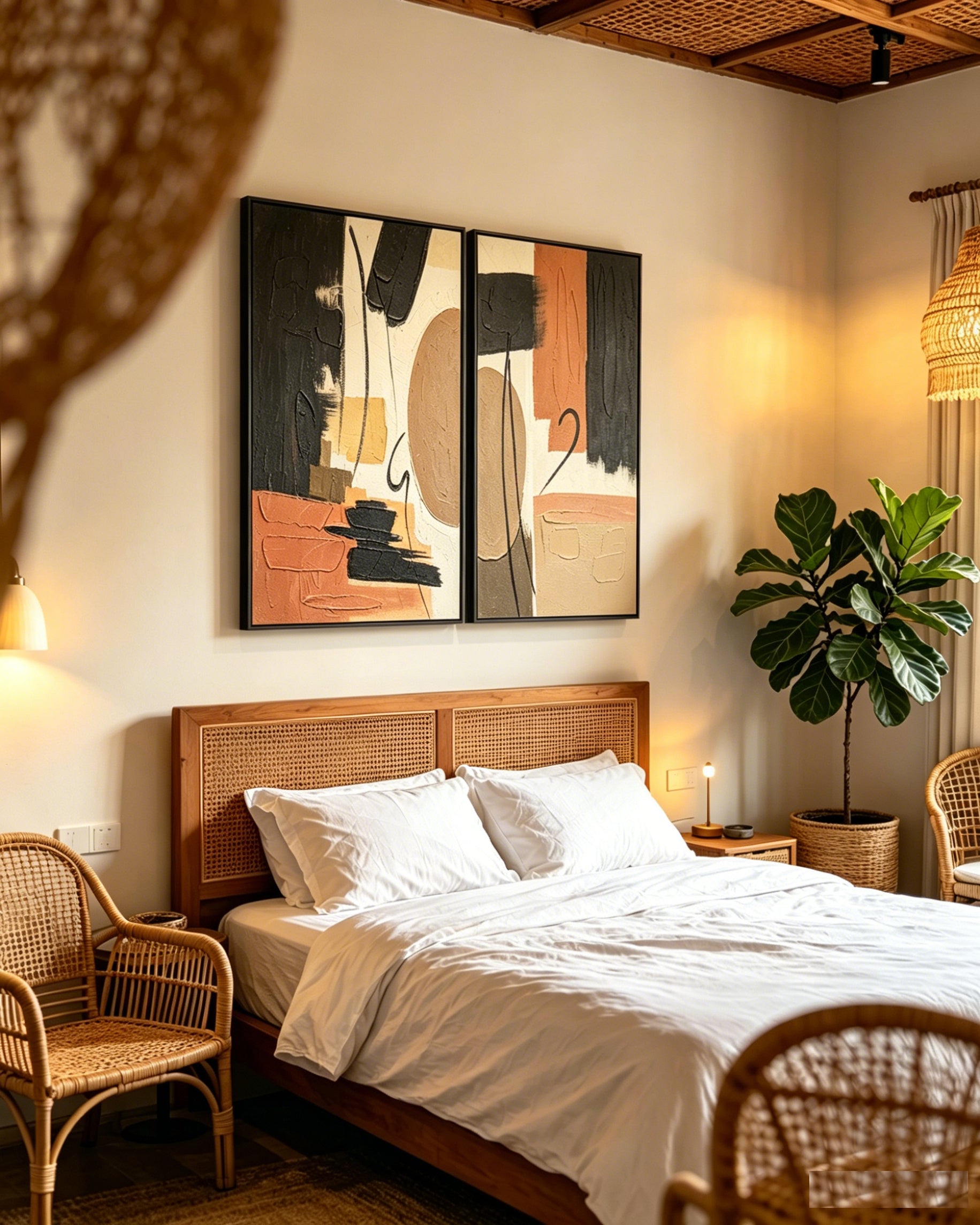 The diptych above a rattan bed frame in a warmly lit bedroom