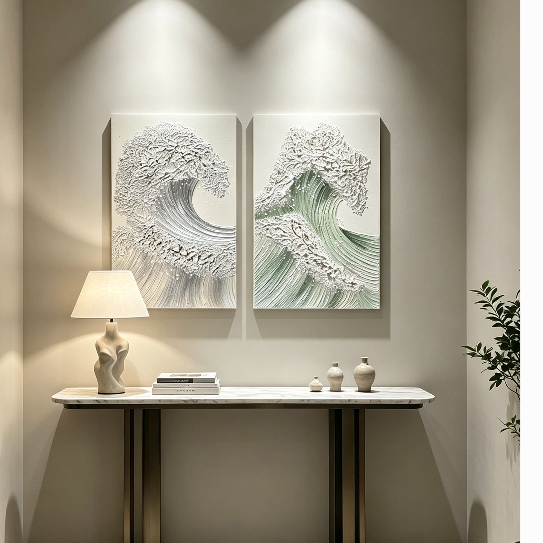 Breakwater pair in white and sage relief above a marble console under downlights