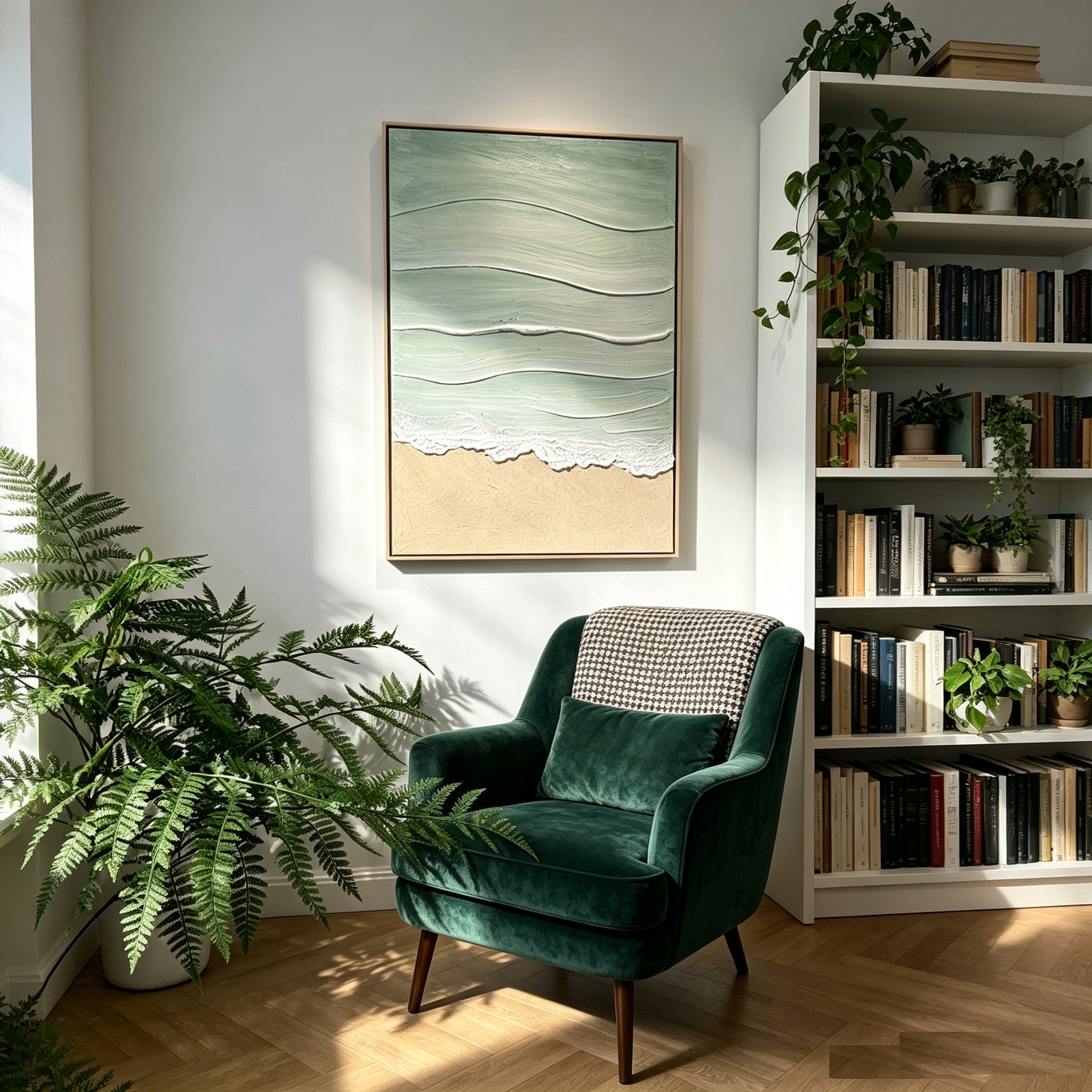 Tideline canvas in a pale wood frame above a green velvet armchair