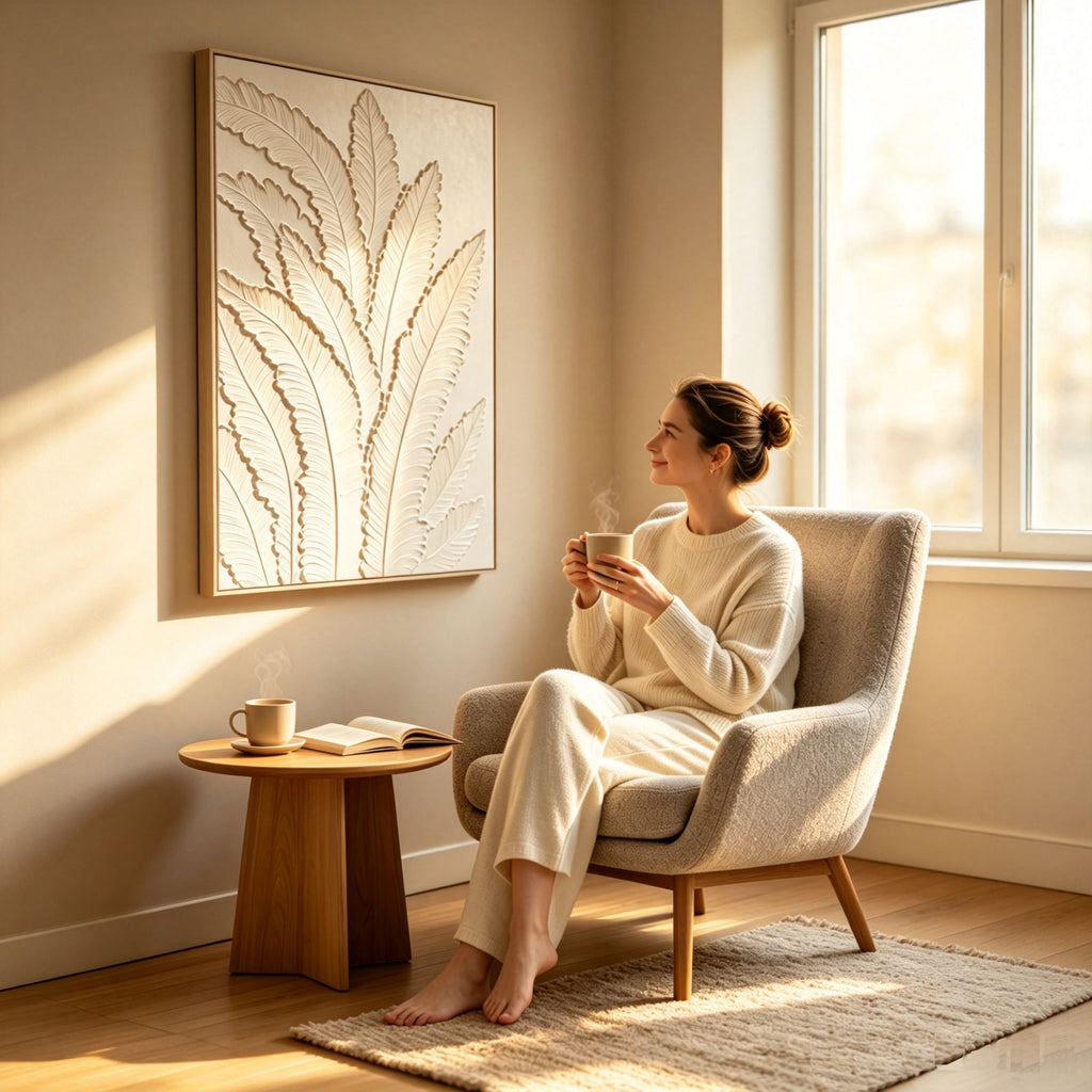 Frond Relief canvas in a pale wood frame above a side table in a sunlit reading corner