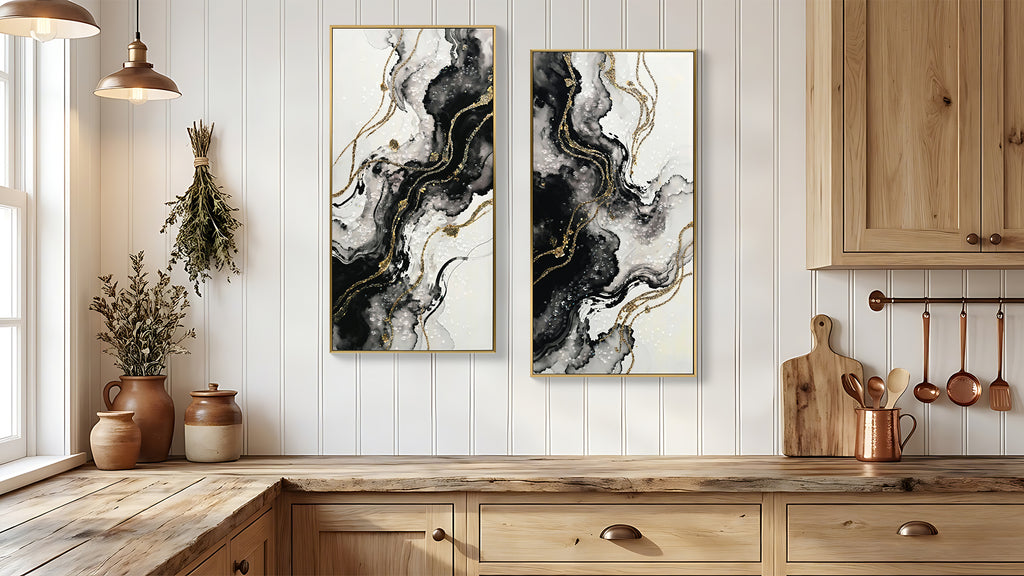 Verso Ink Flow diptych in gold frames, hung in a bright kitchen