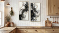 Verso Ink Flow diptych in gold frames, hung in a bright kitchen