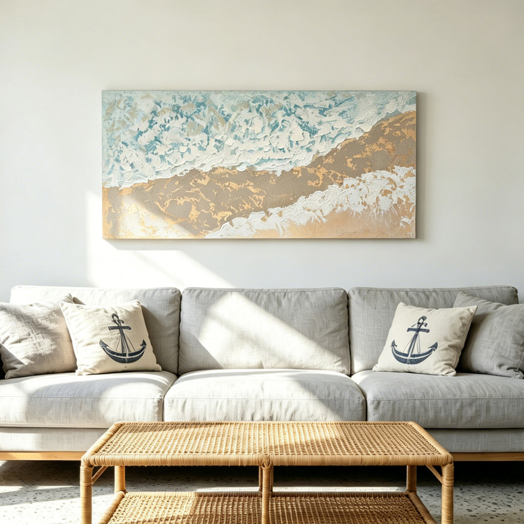 Low Tide canvas above a grey sofa in a bright coastal living room
