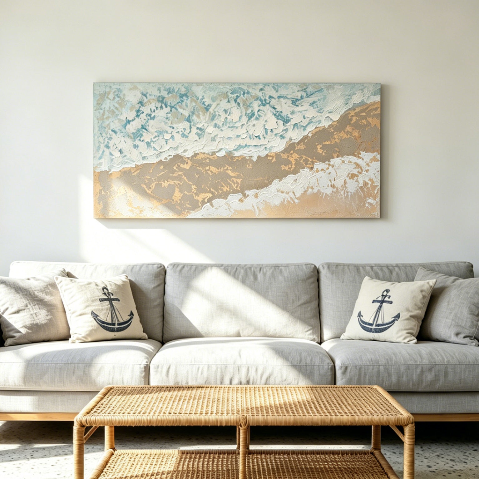 Low Tide canvas above a grey sofa in a bright coastal living room
