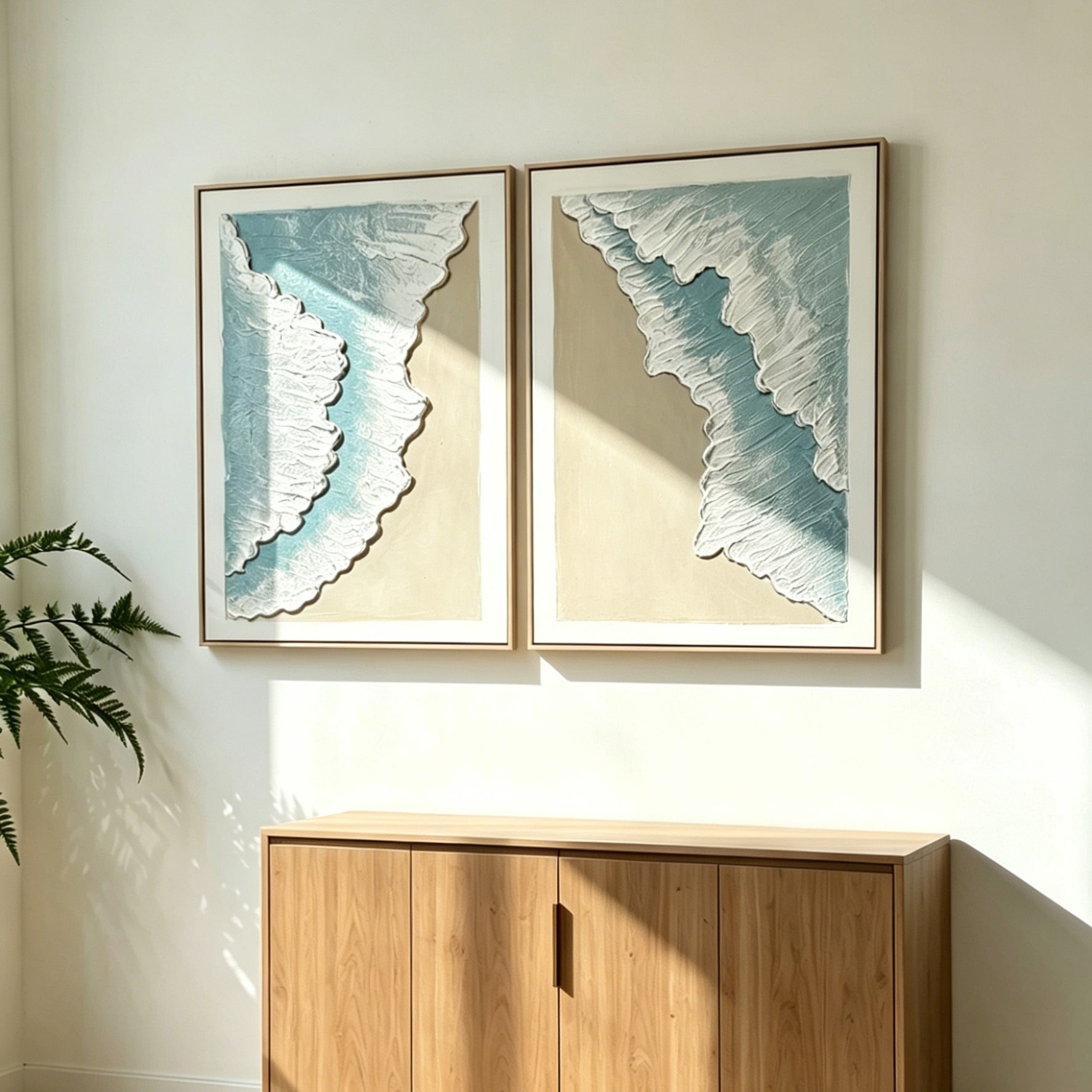 Shoreline diptych shown in an interior setting