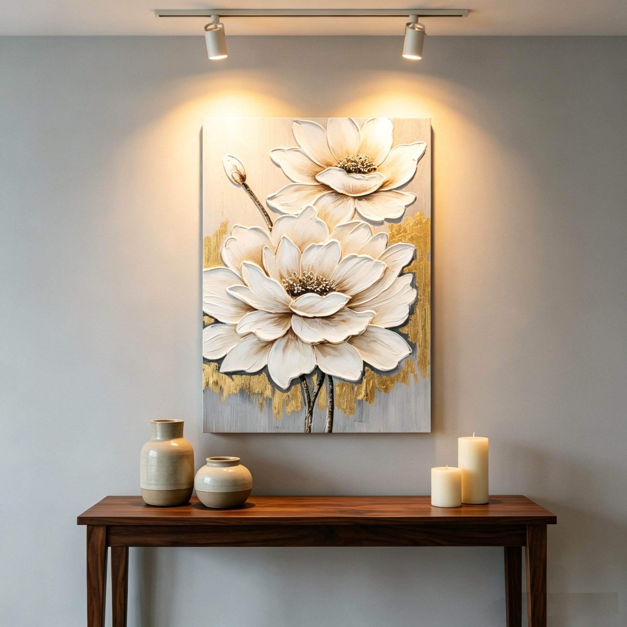 Magnolia canvas above a walnut console under warm track lighting