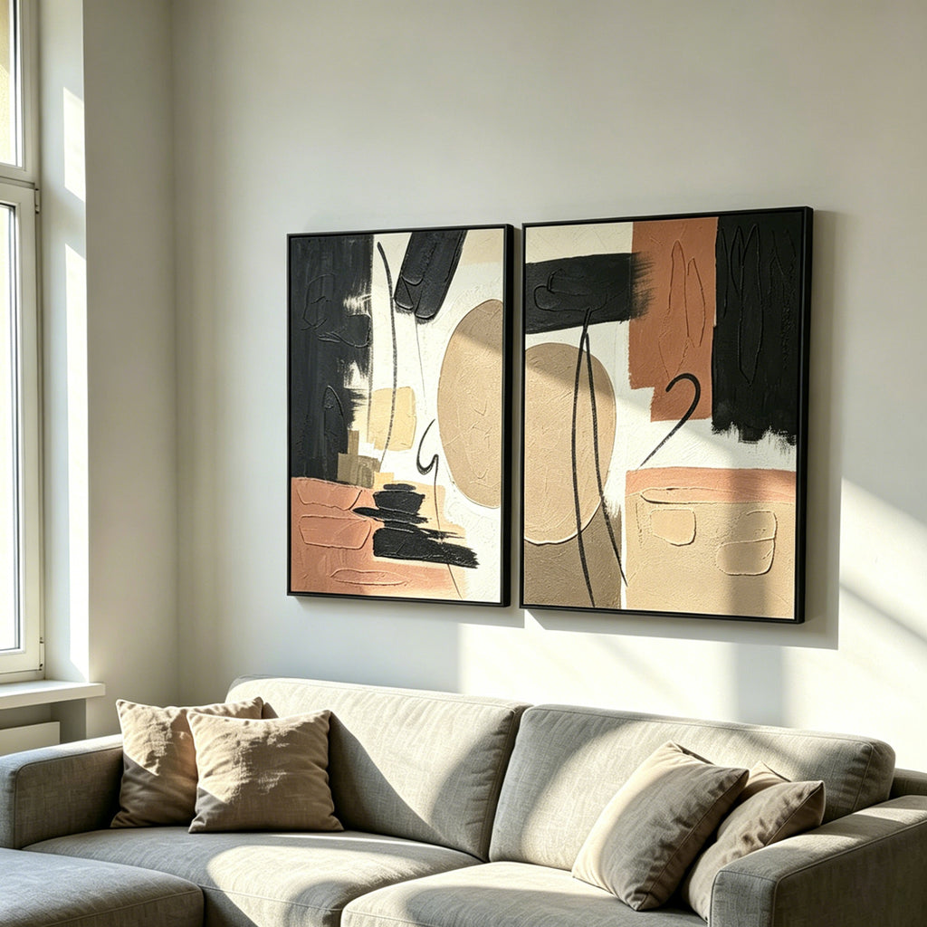 Terracotta abstract diptych hung above a linen sofa in a sunlit living room