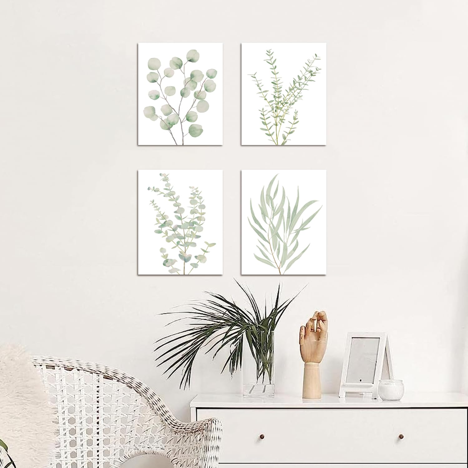 Eucalyptus Set hung as a four-panel grid above a white sideboard