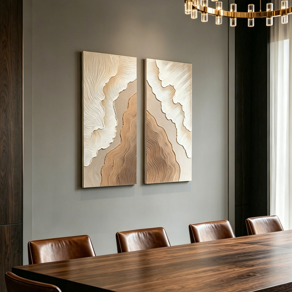 Ochre Field diptych in antique white and beige, hung in a modern living room