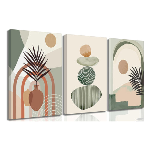 Arches Trio, three gallery-wrapped canvas panels in terracotta and sage