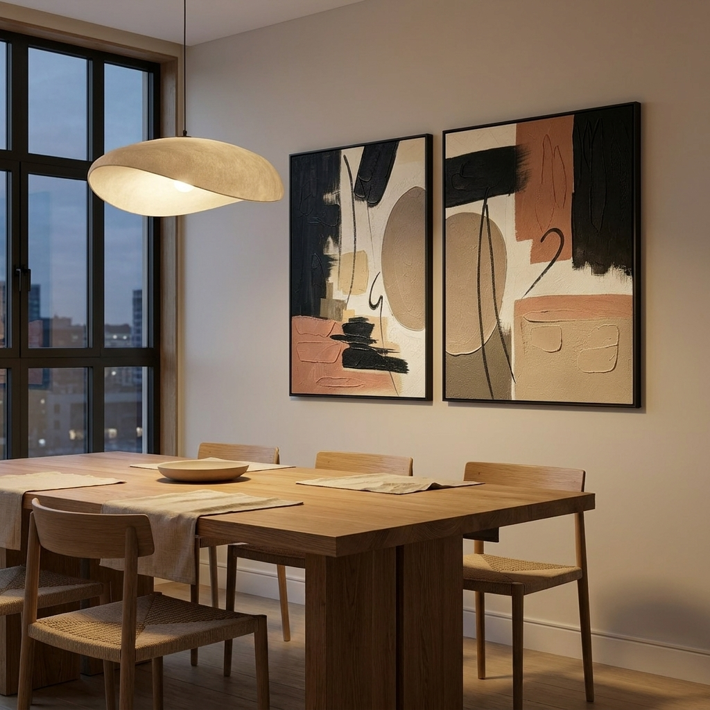 The diptych in a modern dining room under warm pendant light