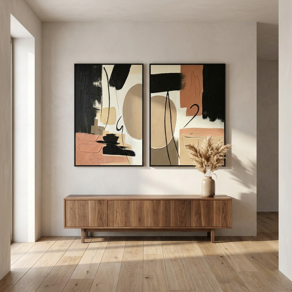 The diptych above a walnut console table in a bright modern entryway