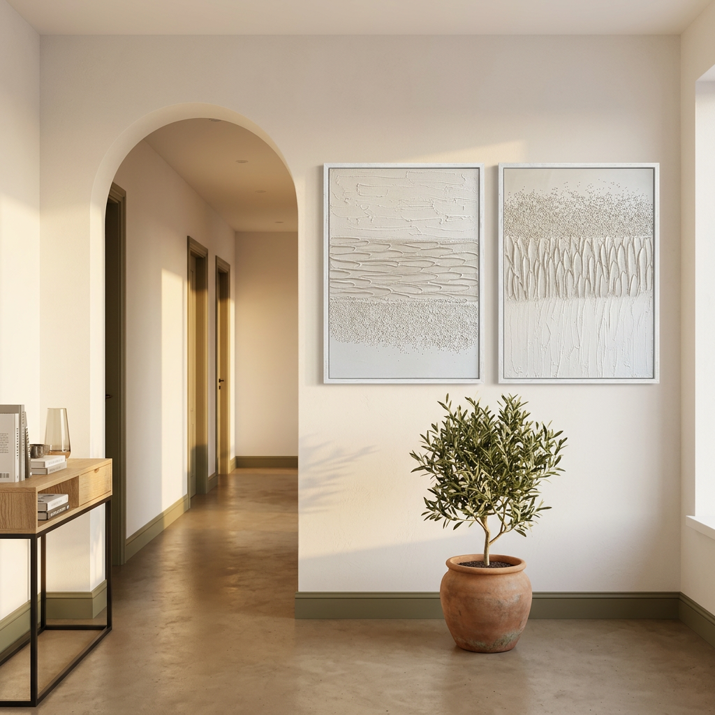 Stone Relief diptych in a bright hallway with an arched doorway and olive tree