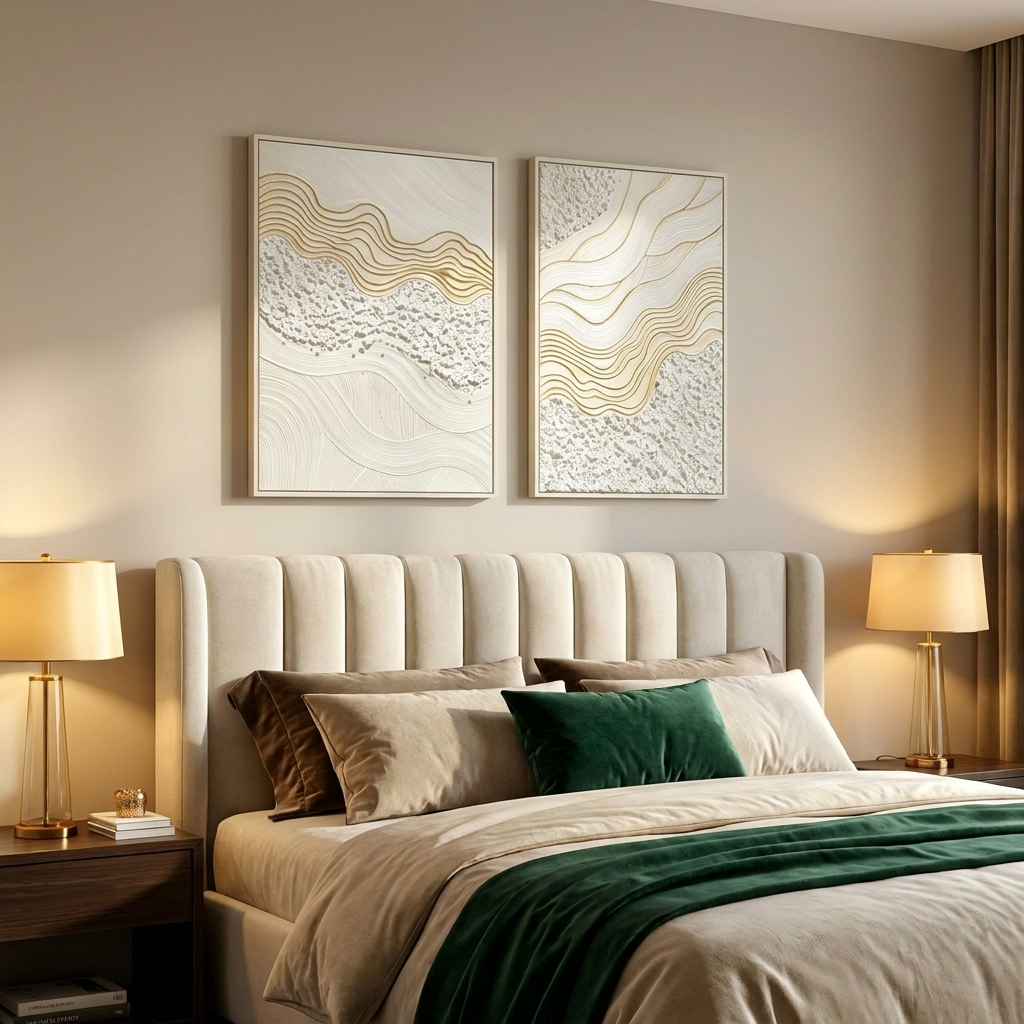 Alabaster diptych above an upholstered headboard in a warmly lit bedroom
