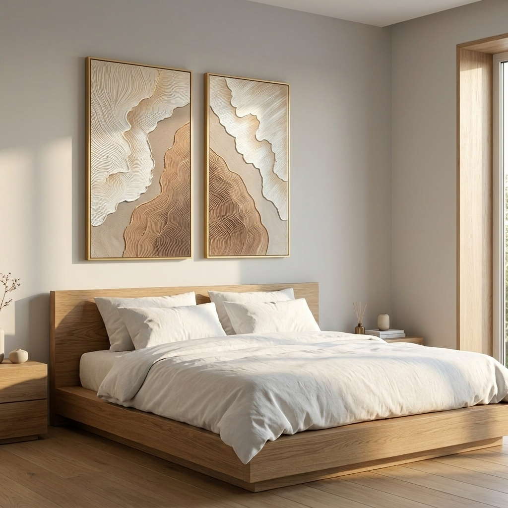 Ochre Field diptych in a serene modern bedroom with white linen