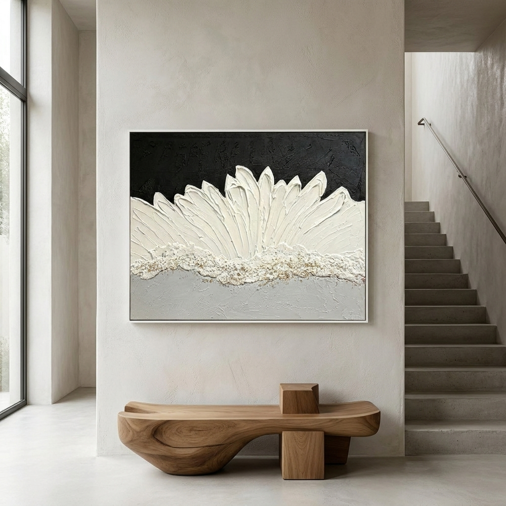 Graphite Impasto canvas on a plaster wall in a minimalist stairwell