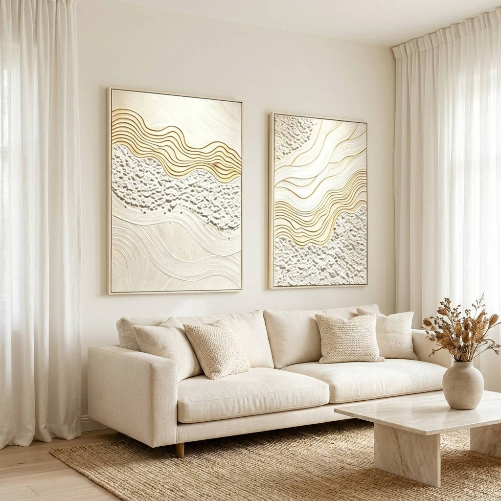 Alabaster diptych in cream frames above a linen sofa in a bright living room