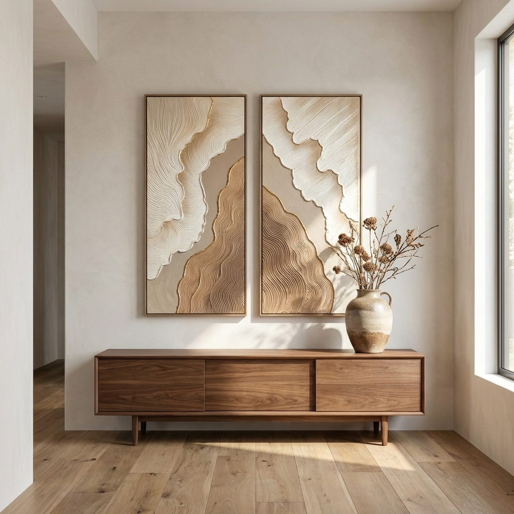 Ochre Field diptych above a walnut console in a bright modern entryway