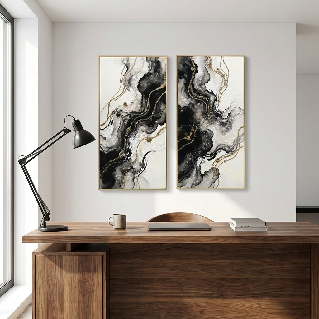 Ink Flow diptych in gold frames above a walnut desk in a modern home office