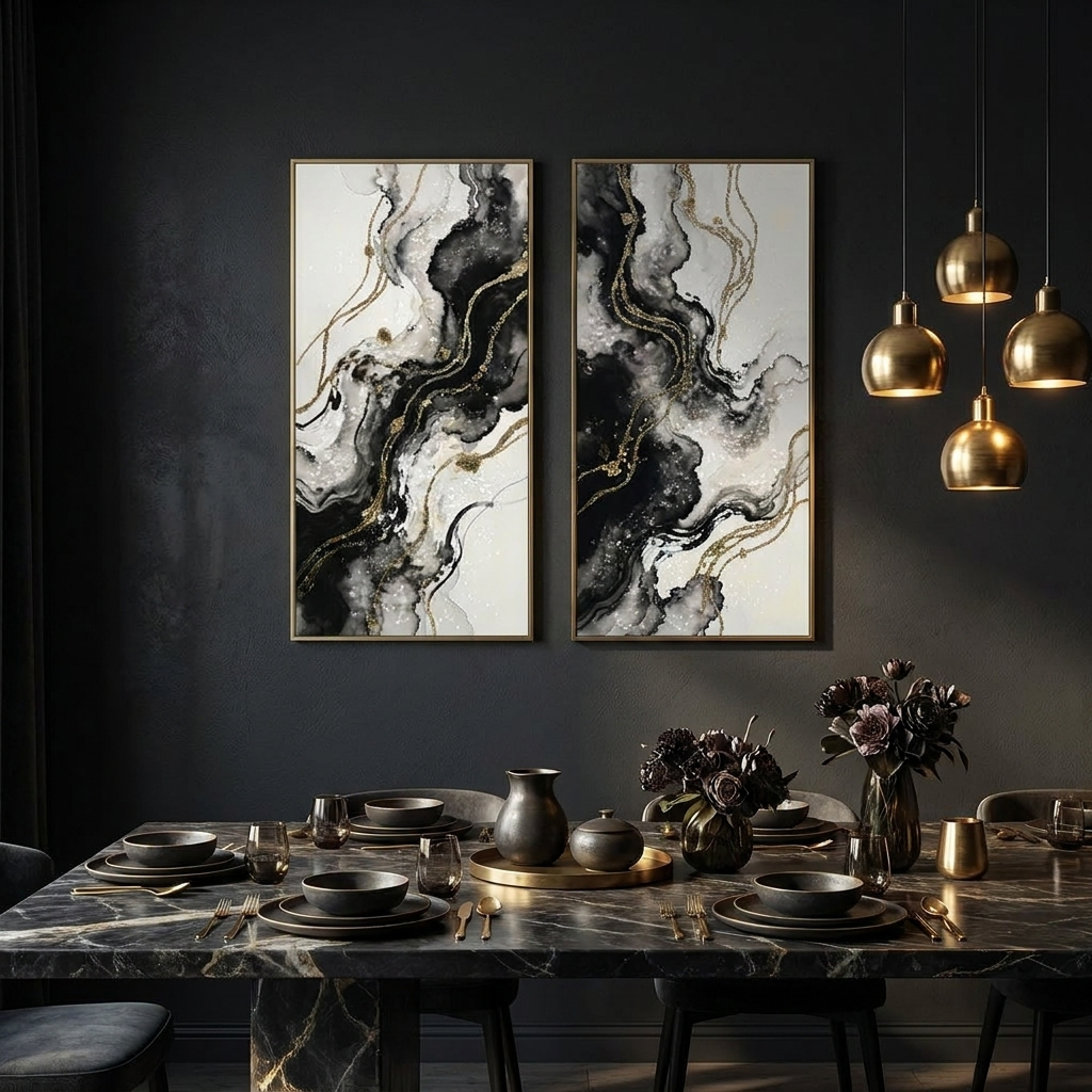Ink Flow diptych in a dark dining room with charcoal walls and brass lighting