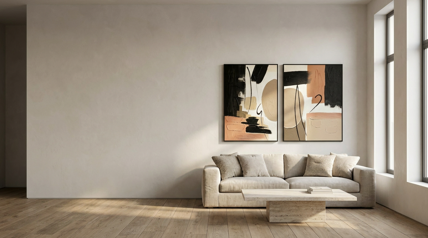 Verso abstract artwork hung in a calm sunlit modern living room