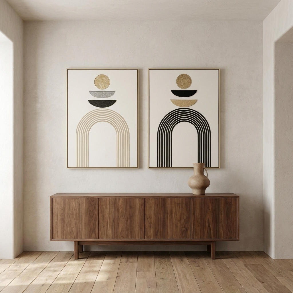 Arch Study pair above a walnut sideboard in a calm modern entryway