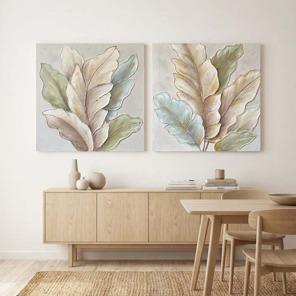 Leaf Study pair above a pale oak sideboard in a serene modern dining room