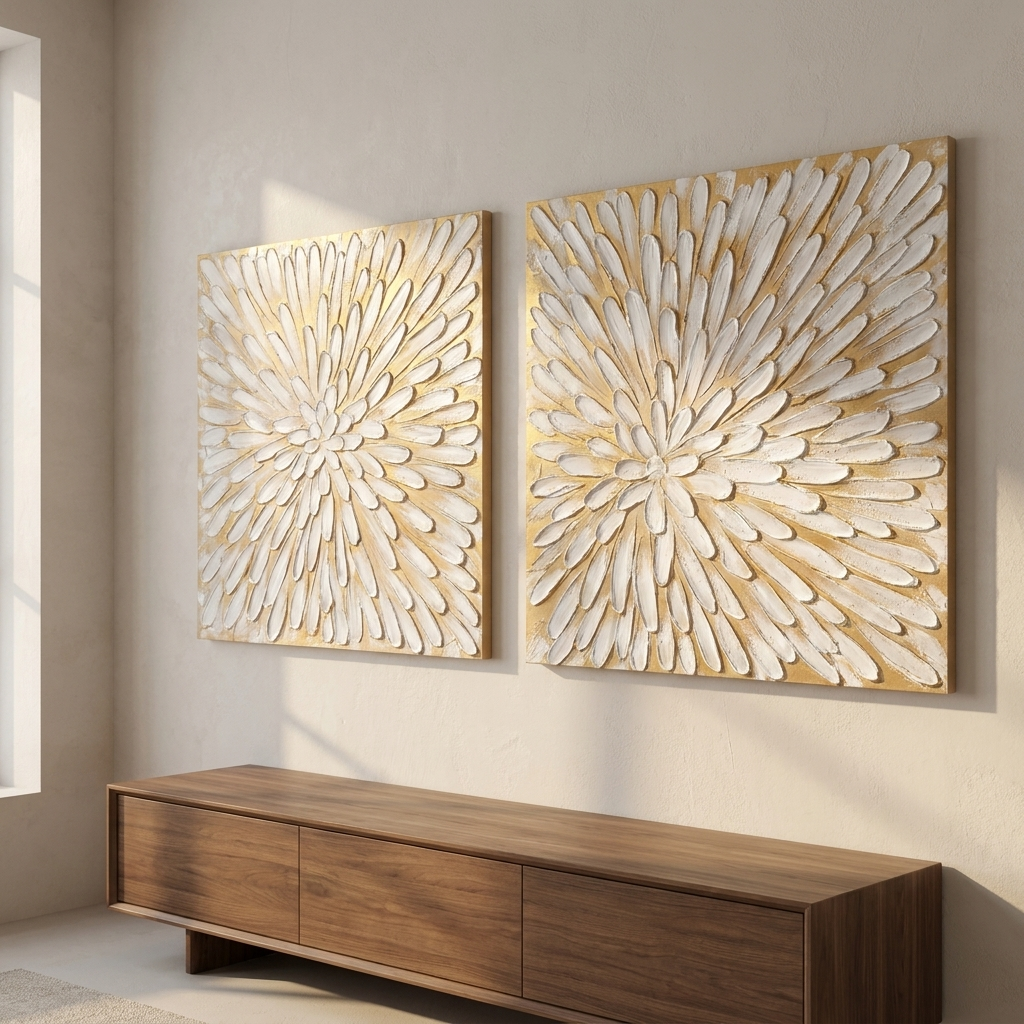 Bloom Impasto pair above a walnut console in a sunlit modern living room